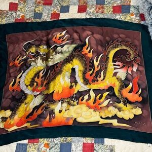 Mali hand painted silk rectangle scarf dragon 28” x 20”